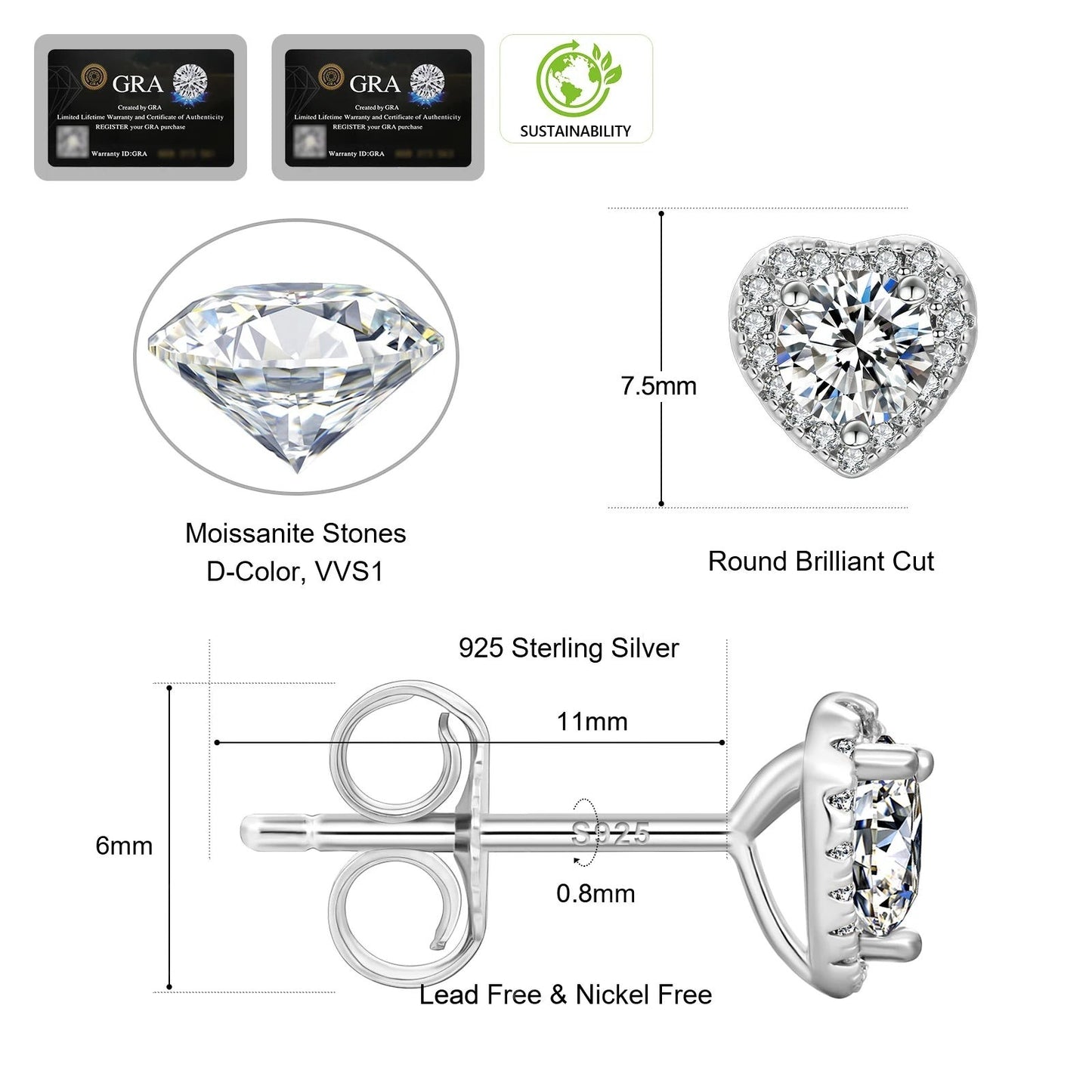 Twist Heart Moissanite Stud Earrings in 925 Sterling Silver