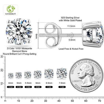 0.6 CTW Round Moissanite Stud Earrings in 925 Sterling Silver