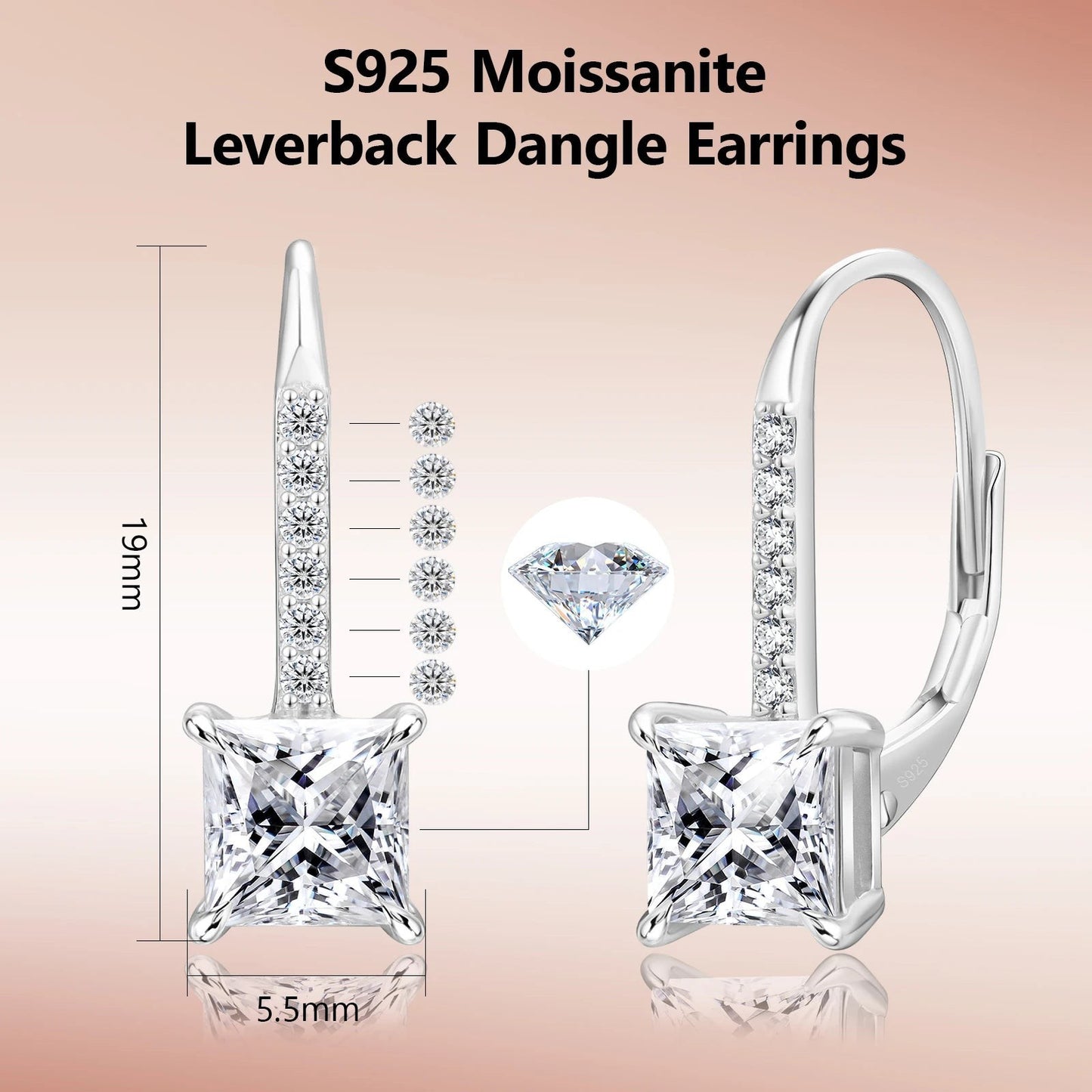 Princess-Cut Moissanite Leverback Drop Earrings in 925 Silver