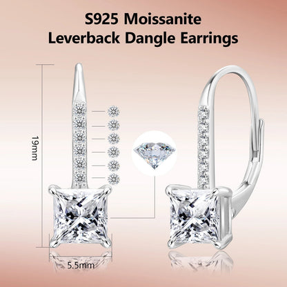 Princess-Cut Moissanite Leverback Drop Earrings in 925 Silver