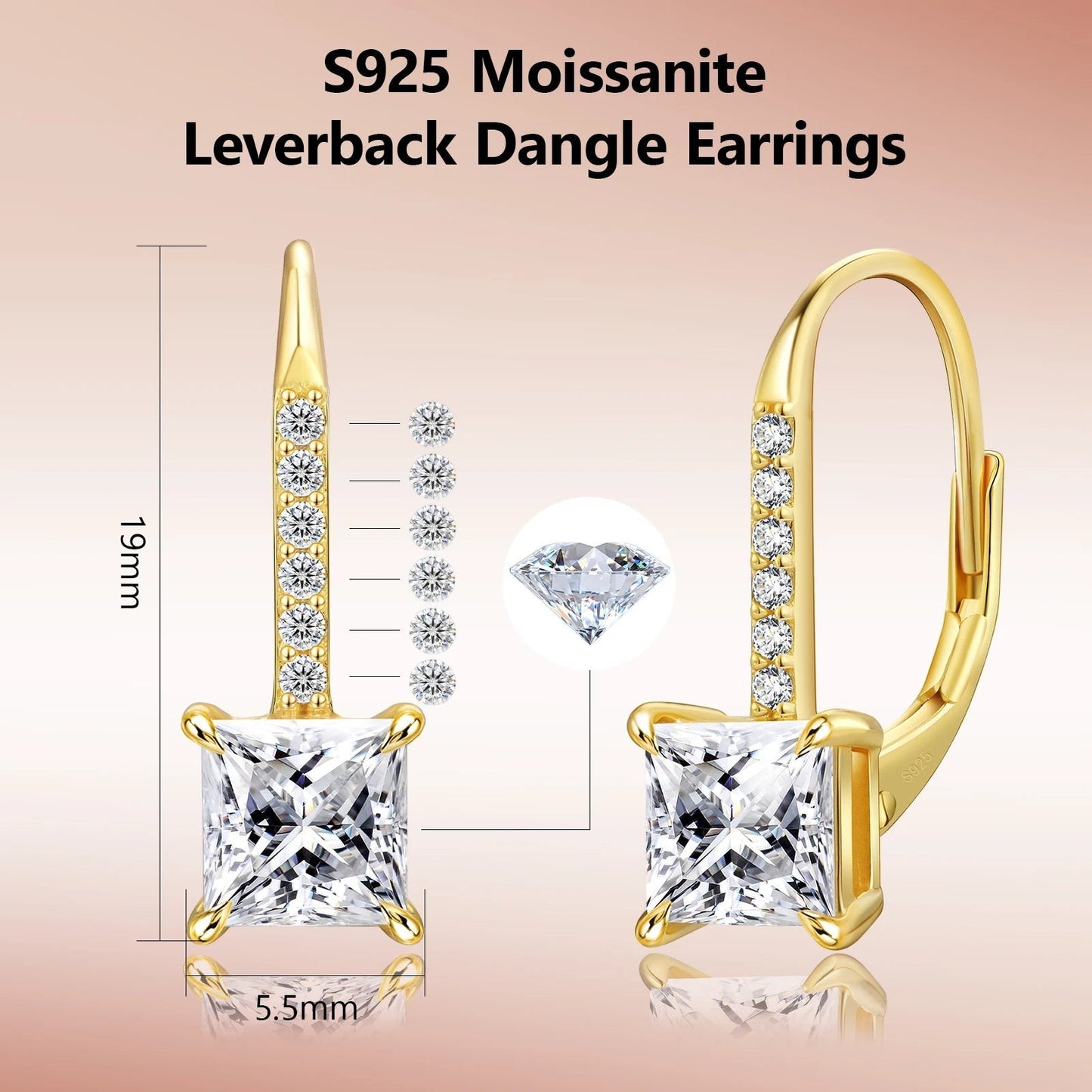Princess-Cut Moissanite Leverback Drop Earrings in 925 Silver