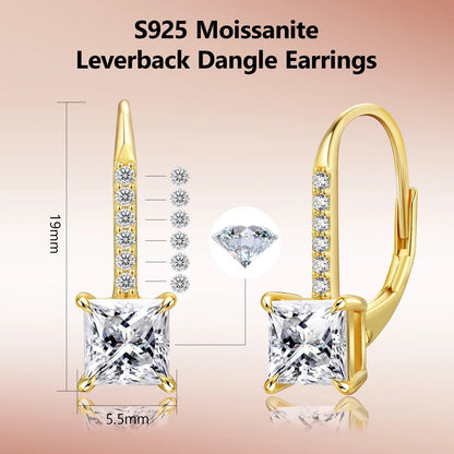 Princess-Cut Moissanite Leverback Drop Earrings in 925 Silver