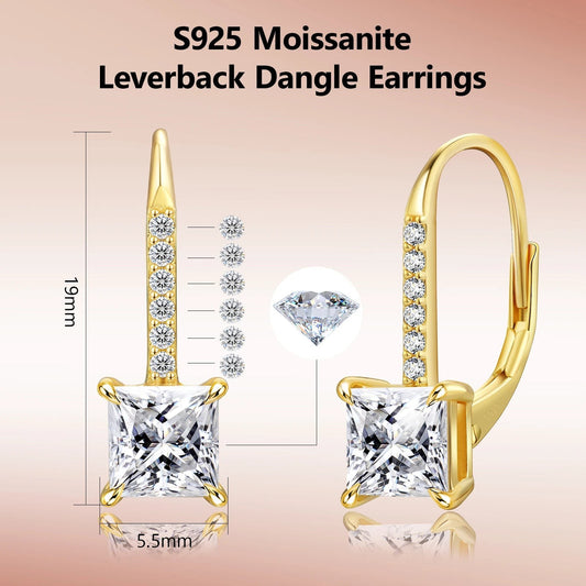 Princess-Cut Moissanite Leverback Drop Earrings in 925 Silver