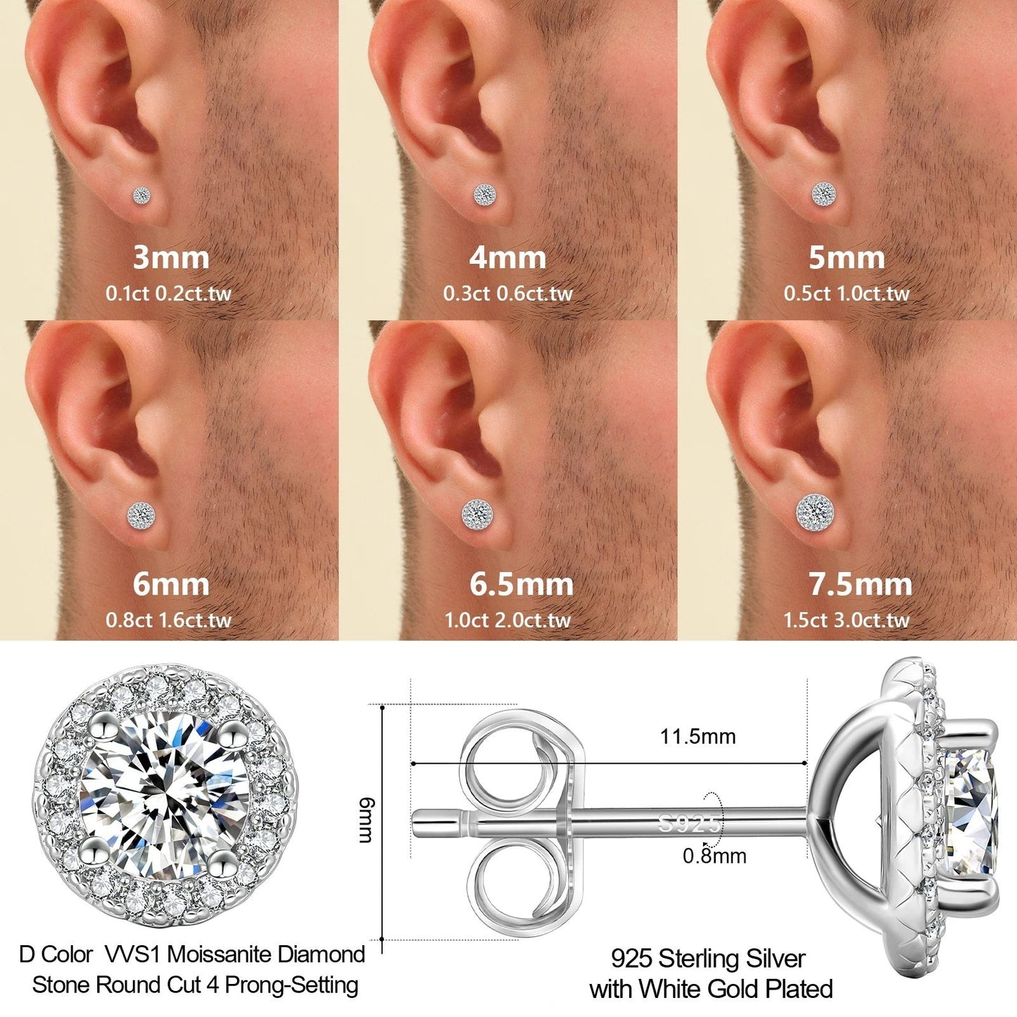 Classic Round Moissanite Stud Earrings in 925 Sterling Silver