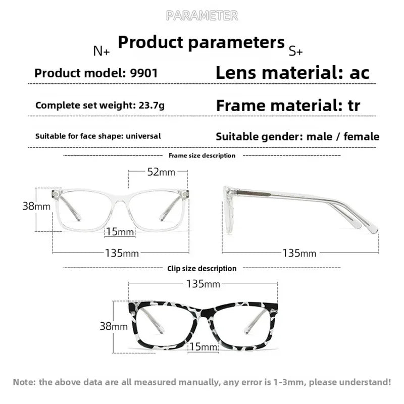 1 Frame+5 Clips Decorative Glasses Anti-Blue Light Myopia Can Be Matched Prescription Glasses Pin Frame Square Classic Glasses