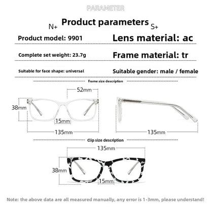 1 Frame+5 Clips Decorative Glasses Anti-Blue Light Myopia Can Be Matched Prescription Glasses Pin Frame Square Classic Glasses