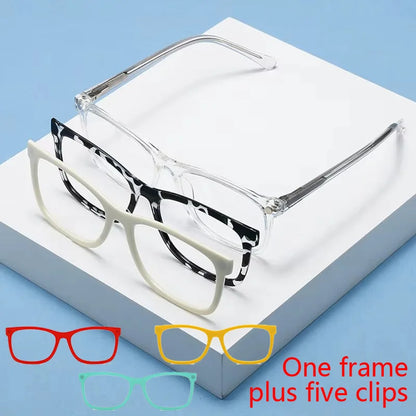 1 Frame+5 Clips Decorative Glasses Anti-Blue Light Myopia Can Be Matched Prescription Glasses Pin Frame Square Classic Glasses