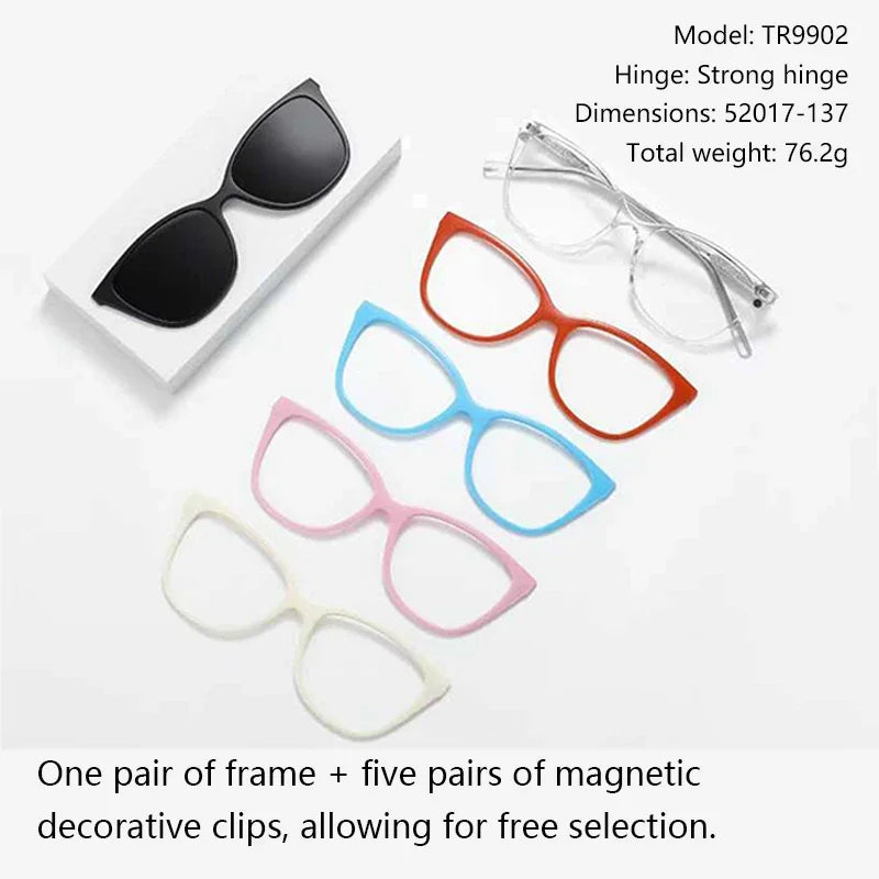 1 Frame+5 Clips Decorative Glasses Anti-Blue Light Myopia Can Be Matched Prescription Glasses Pin Frame Square Classic Glasses